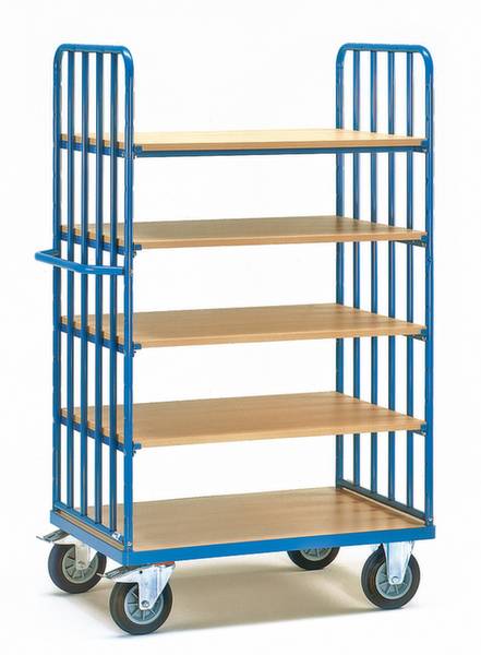 Transportwagen mit fünf Holzböden und blauen Metallgittern auf vier Rädern. Geeignet für Lager oder Transport leichter Gegenstände.