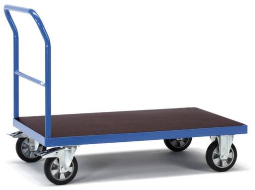 Ein blauer Plattformwagen mit vier Rollen und Griff, ideal zum Transport schwerer Gegenstände in Lagerhäusern oder Werkstätten.