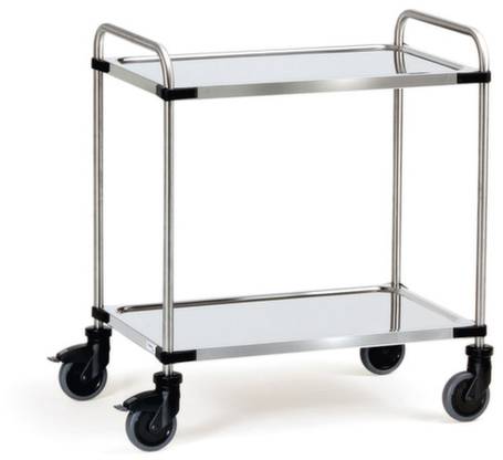 Metallservierwagen mit zwei Ebenen und vier schwarzen Rädern. Ideal für die Verwendung in der Gastronomie oder im Krankenhaus.