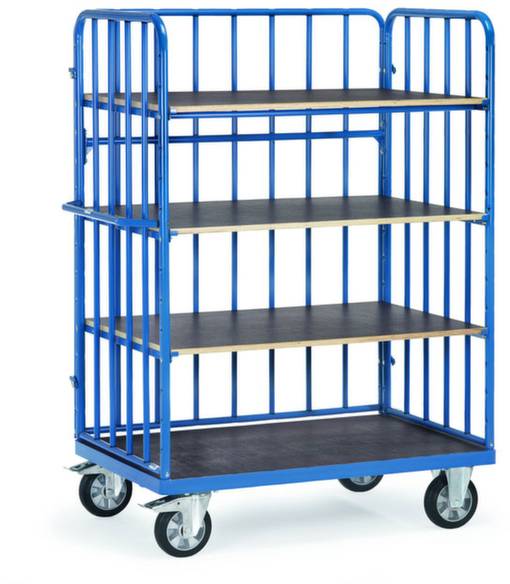 Ein blauer Transportwagen mit vier Regalböden und Rädern. Ideal zur Lagerung und zum Transport von Waren in Lagern oder Betrieben.