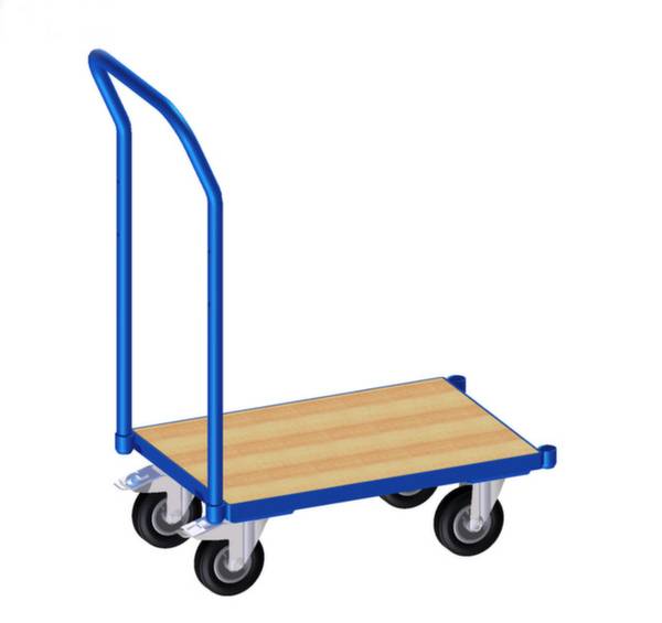 Ein blauer Transportwagen mit vier schwarzen Rädern und einer Holzplattform. Ideal für den Transport von Lasten in Lagern oder Werkstätten.