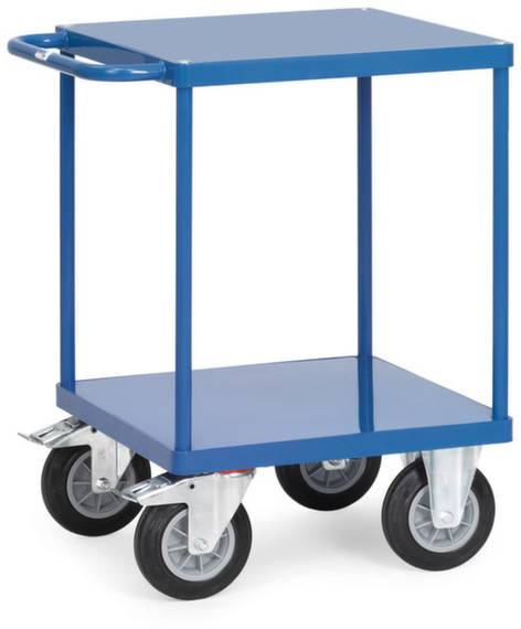 Blauer Transportwagen mit vier Rädern und einer oberen und unteren Plattform, Griff zum Schieben.