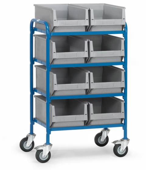 Ein blauer Wagen mit vier Ebenen, die jeweils zwei graue Kunststoffboxen enthalten. Der Wagen hat Rollen für einfache Bewegung.