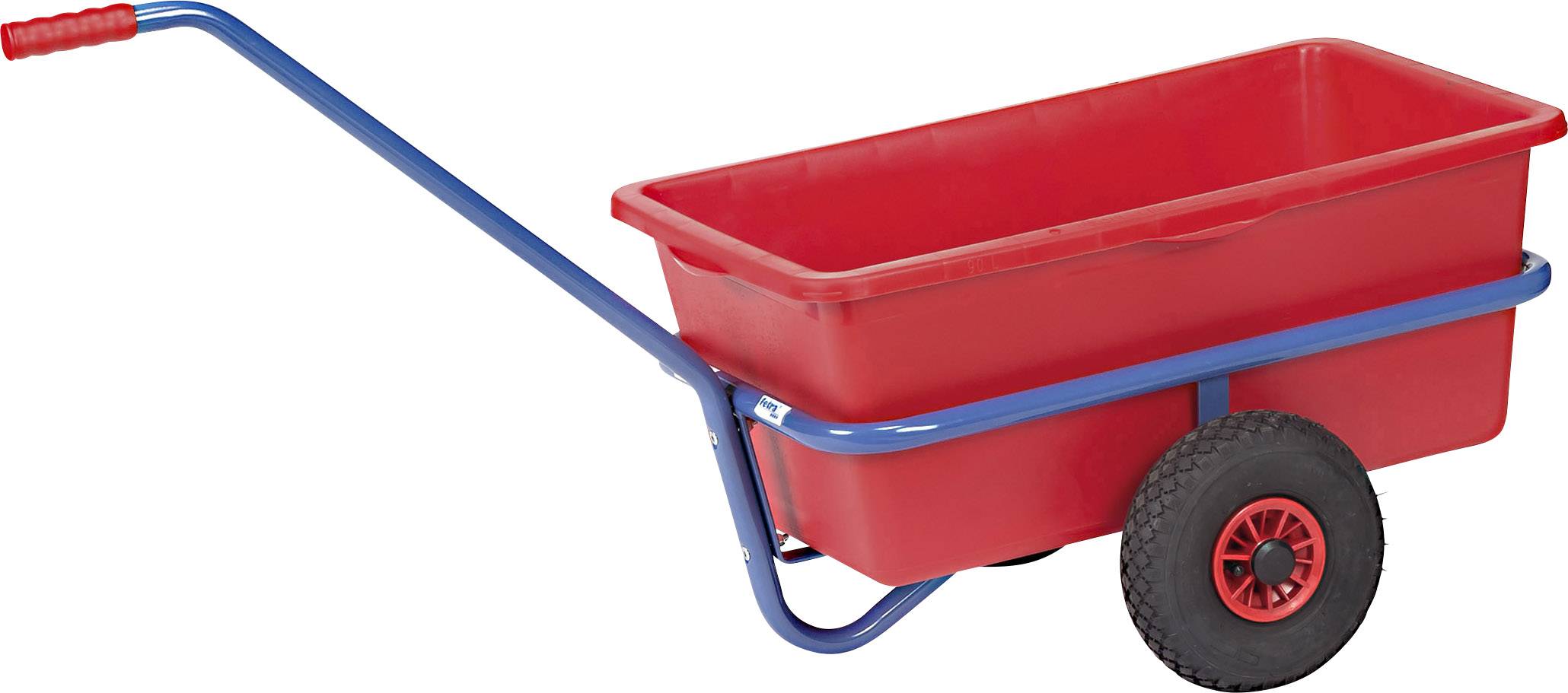 Roter Kunststoff-Bollerwagen mit blauem Metallrahmen und schwarzen Rädern, geeignet für den Transport von Gegenständen im Freien.