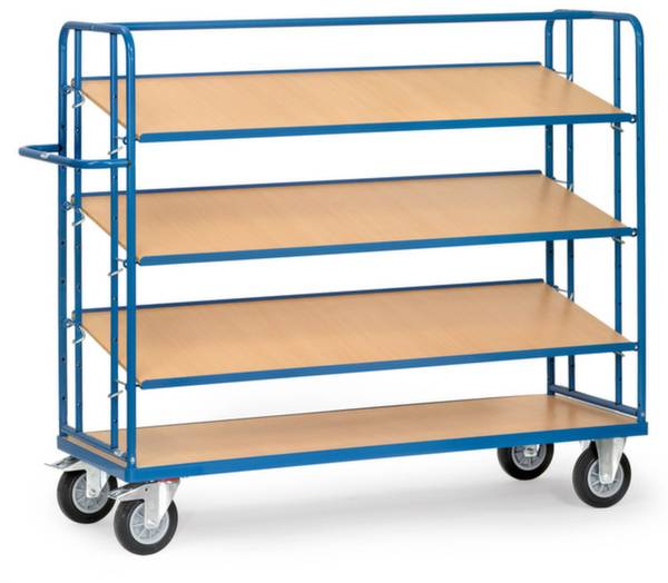 Ein blauer Wagen mit vier Holzböden und Griff an der Seite. Geeignet zum Transport von Gütern in Lagerhäusern oder Fabriken.