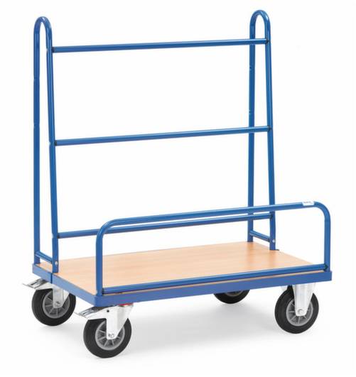 Transportwagen mit blauem Metallrahmen und Holzboden, vier Räder, geeignet für den Transport von flachen Gegenständen.