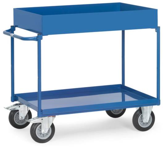 Blaue zweistöckige Transportwagen mit Griff und vier Rädern, geeignet zum Bewegen von Gegenständen in Industriebereichen.