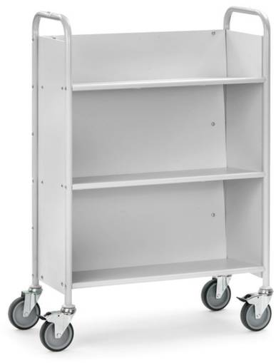 Grauer Metallwagen mit drei Regalböden auf vier Rollen, geeignet für den Transport von Gegenständen in Büroumgebungen.