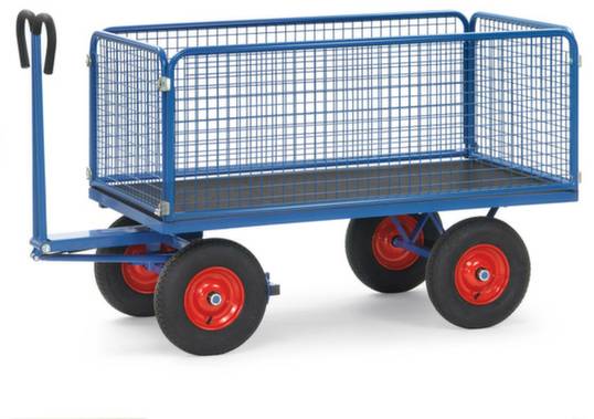 Ein blauer Handwagen mit rotem Griff und roten Rädern, ideal für den Transport schwerer Gegenstände.