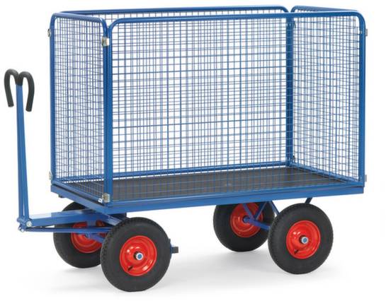 Ein blauer Gitter-Transportwagen mit vier Rädern und einem Griff. Ideal für den Transport von großen Gegenständen in Lagerhallen.