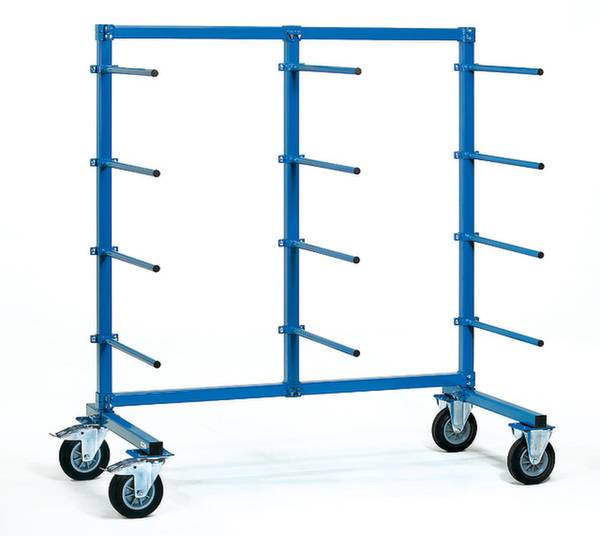 Blauer Metallwagen mit vier Rädern und mehreren horizontalen Stangen zum Transport oder Lagern von Gegenständen.