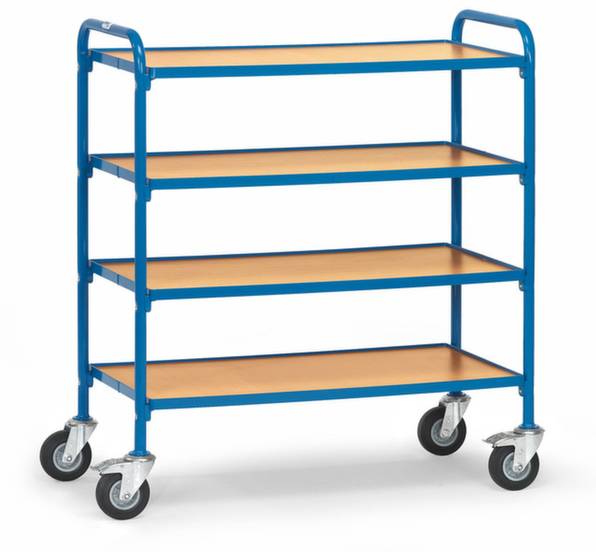 Metallwagen mit vier Holzböden, blauer Rahmen, auf vier Rollen. Geeignet zur Lagerung oder Transport von Gegenständen.