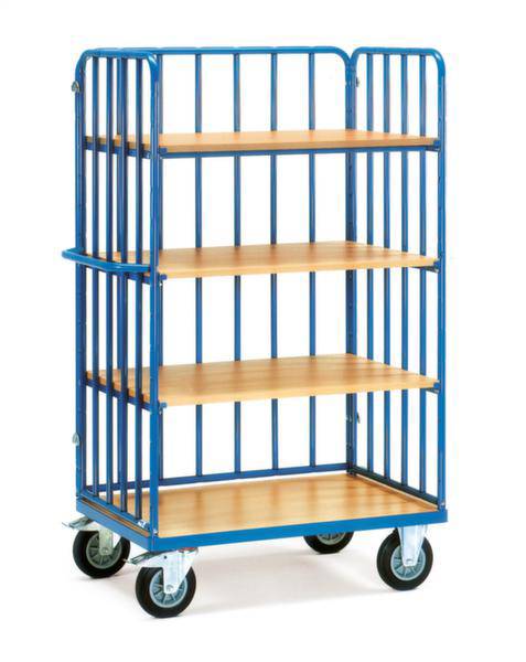 Ein blauer Rollwagen mit vier Holzregalböden und festen Rädern. Ideal für den Transport von Gegenständen in einem Lager oder einer Werkstatt.