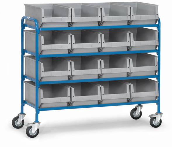 Ein blauer Rollwagen mit fünf Ebenen, die jeweils vier graue Aufbewahrungsboxen nebeneinander enthalten. Geeignet für Werkstatt- oder Lagernutzung.