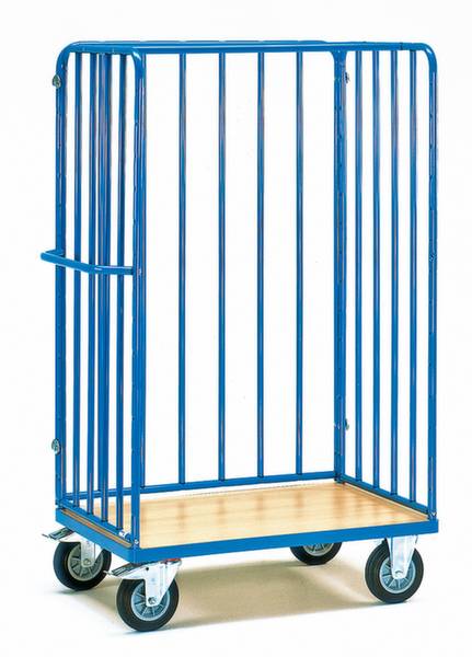 Ein blauer Rollwagen mit Metallgittern und Holzboden, auf vier Rädern. Geeignet zum Transport von Waren oder Gegenständen.