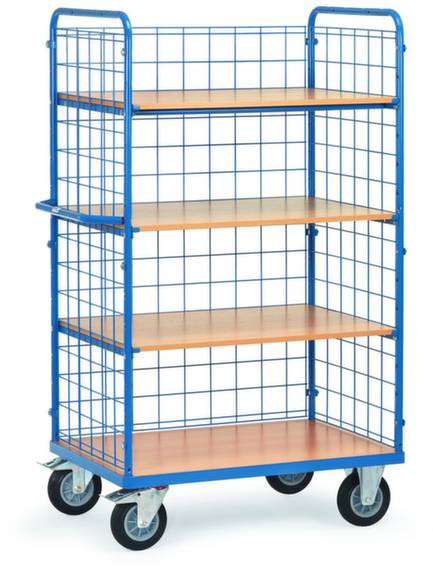 Transportwagen mit vier Holz-Etagenböden und blauer Gitterumrandung auf Rollen, geeignet für Lagerung und Transport von Gütern.