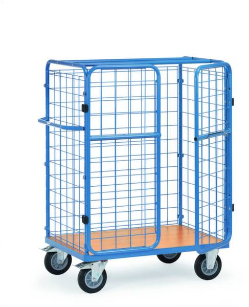 Blauer Transportwagen mit Metallgitterseiten und vier Rädern, geeignet für den sicheren Transport von Waren.