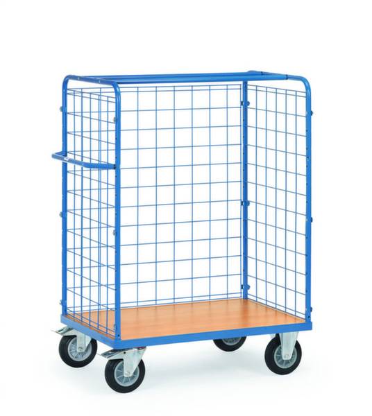 Ein blauer Metallwagen mit Gitterseiten und vier Rollen, geeignet zum Transport von Gegenständen in Lager- oder Industrielumgebungen.