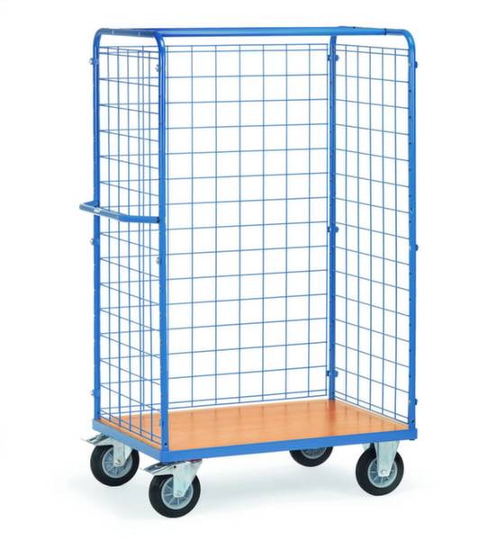 Blauer rollbarer Gitterwagen mit Metallrahmen und Holzboden, steht auf vier Rädern. Geeignet für den Transport von Waren oder Materialien.