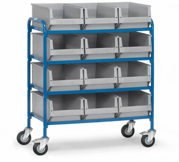 Ein blauer, mobiler Lagerwagen mit vier Etagen, jeweils mit grauen, offenen Behältern. Der Wagen hat vier Räder für leichte Bewegung.