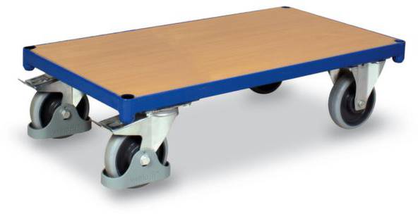 Ein rechteckiger Rollwagen mit blauem Metallrahmen und Holzplatte, vier beweglichen Rollen, geeignet zum Transport von Lasten.