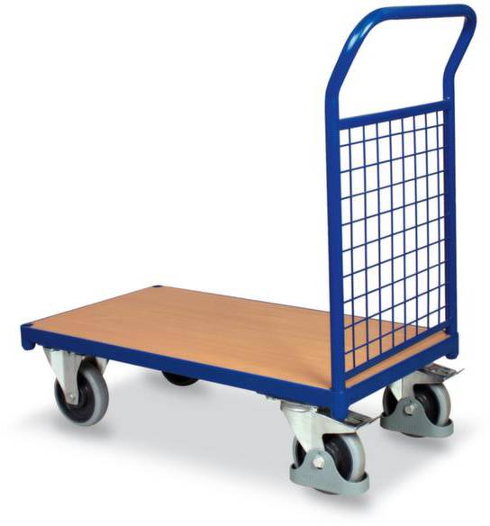 Ein blauer Transportwagen mit Holzplattform, vier Rädern und einem hohen Griff. Ideal zum Transport schwerer Lasten in Lagerhäusern.