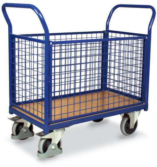 Ein blauer Transportwagen mit Gittern und vier Rollen. Geeignet für den Transport schwerer Gegenstände in Lagerhäusern oder Geschäften.