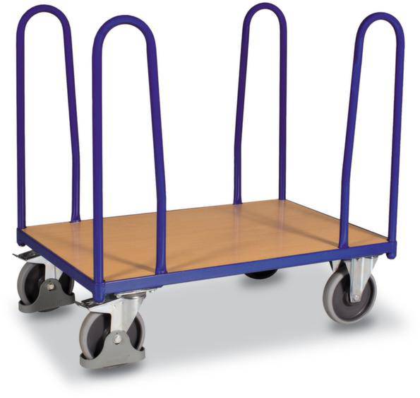 Transportwagen mit vier Rollen und blauer Metallrahmen, geeignet zum Bewegen von Gütern.