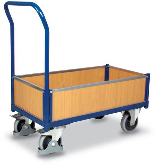 Transportwagen mit blauen Metallrahmen, Holzseitenwänden und vier Rollen. Geeignet für den Transport von Gütern in Lagern oder Betrieben.