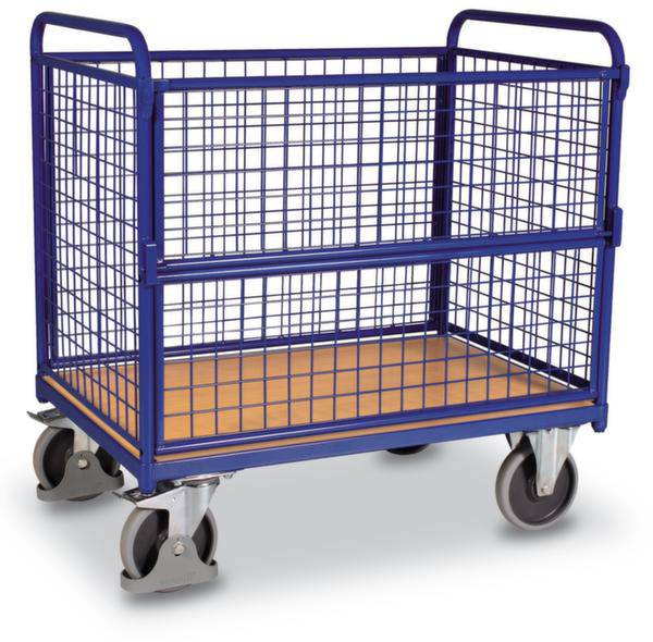 Ein blauer Lagerwagen mit Gitterwänden und vier Rädern. Der Boden besteht aus Holz. Geeignet für den Transport von Waren.