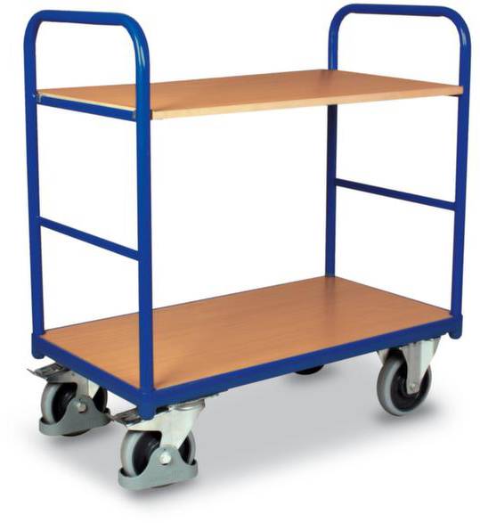 Ein blauer Transportwagen mit zwei Holzböden und vier Rädern.