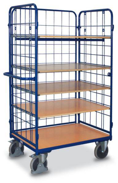 Metallwagen mit vier Rollen und fünf Holzregalen, geeignet für den Transport von Gütern in Lagern oder Gewerbebetrieben.