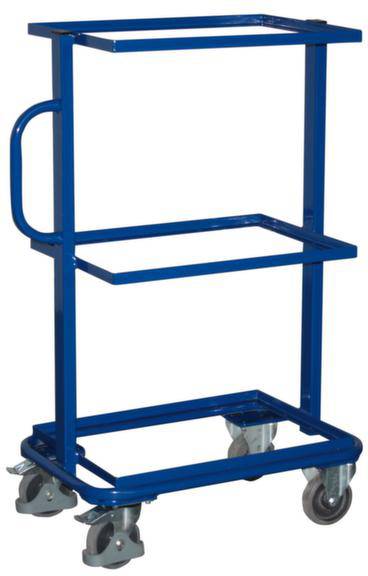Ein blauer Stahlwagen mit drei Ebenen und vier Rollen. Geeignet für den Transport von Gegenständen in einer Werkstatt oder Lagerumgebung.