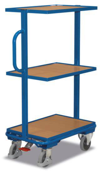 Ein blauer, dreistöckiger Transportwagen mit Griff, ideal für die Lagerung oder den Transport von Gegenständen in Büros oder Werkstätten.