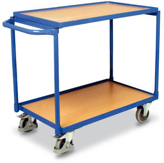 Ein blauer Transportwagen mit zwei Holzablagen und vier Rollen. Der obere Griffrand ist gut sichtbar. Geeignet für den Transport von Gegenständen.