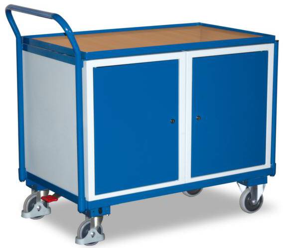 Blauer Servierwagen mit zwei Türen auf Rollen, ideal für den Transport von Gegenständen.