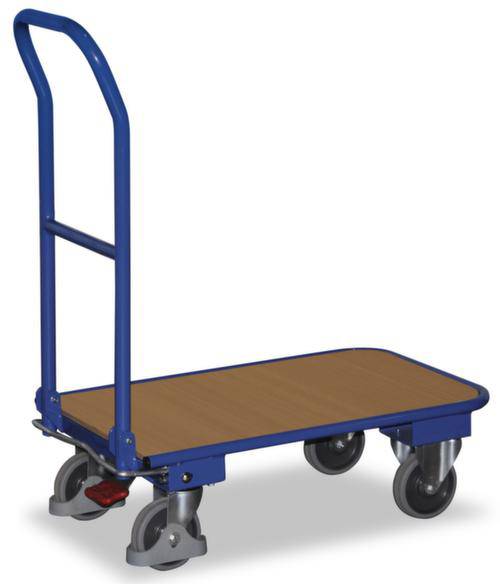 Ein blauer Transportwagen mit Holzplattform und vier grauen Rädern, geeignet zum Bewegen von Lasten in Lager oder Werkstatt.