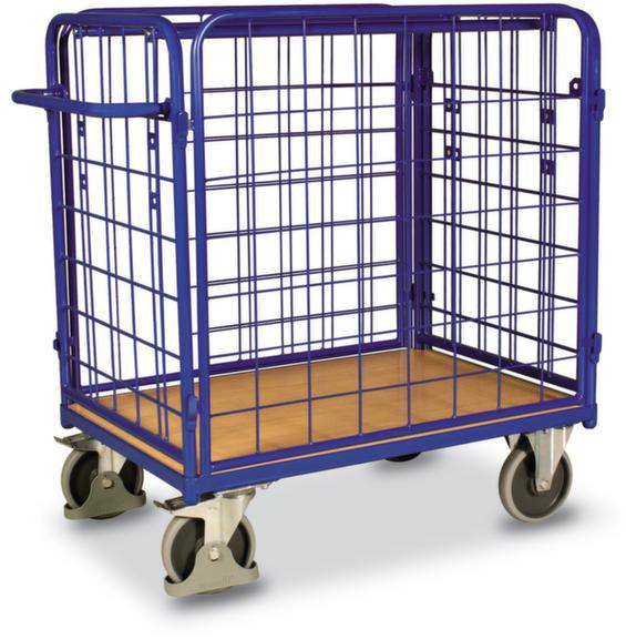 Blauer Gitterwagen mit vier stabilen Rädern und Holzplattform, geeignet für den Transport von schweren oder großen Gegenständen in Lagerhäusern.