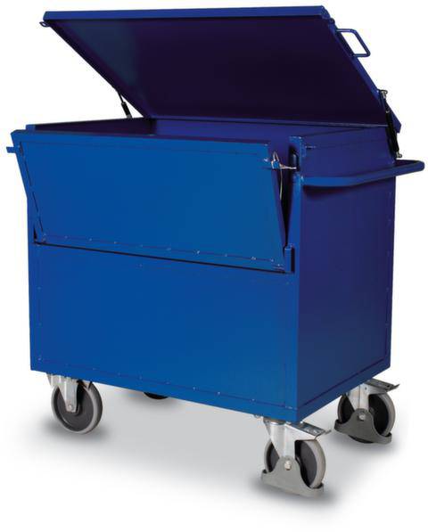 Großer blauer Rollcontainer mit geöffnetem Deckel und vier Rädern. Geeignet für Lagerung oder Transport von Materialien.