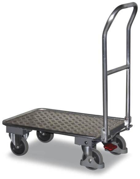 Transportwagen mit vier Rädern und einem Griff, geeignet zum Bewegen von schweren Gegenständen in Lagerhäusern oder Geschäften.