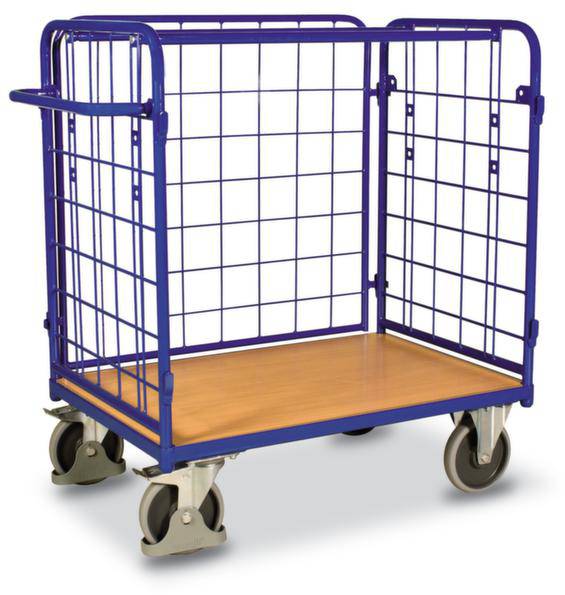 Ein blauer Transportwagen mit vier Rollen und einem Gitterrahmen, geeignet für den Transport von Waren in Lagerhallen oder Geschäften.