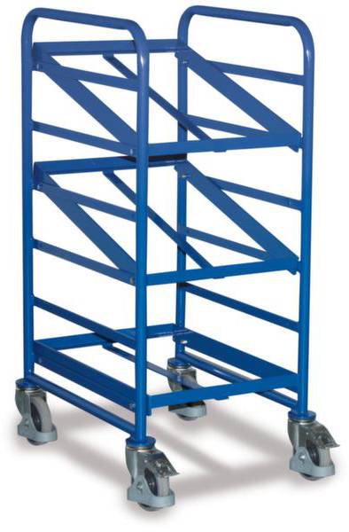 Blauer, metallener Transportwagen mit vier Ebenen und Rollen für den einfachen Transport von Gegenständen in Lager- oder Bürobereichen.