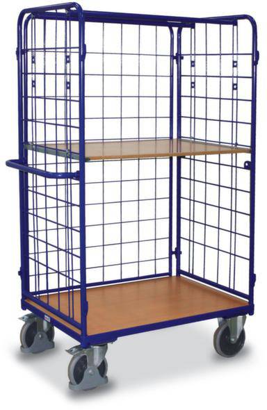 Rollbehälter mit blauer Gitterstruktur, zwei Holzablagen und vier Rädern. Geeignet zum Transportieren von Gütern in Lagern.