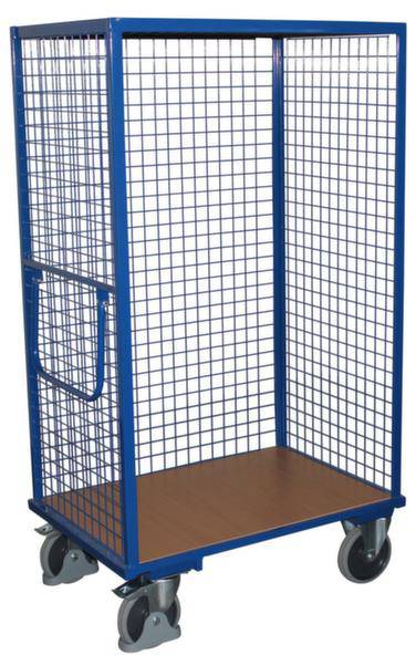 Ein blauer Gitterwagen mit vier Rollen und Griff, ideal für den Transport von Waren oder Materialien.