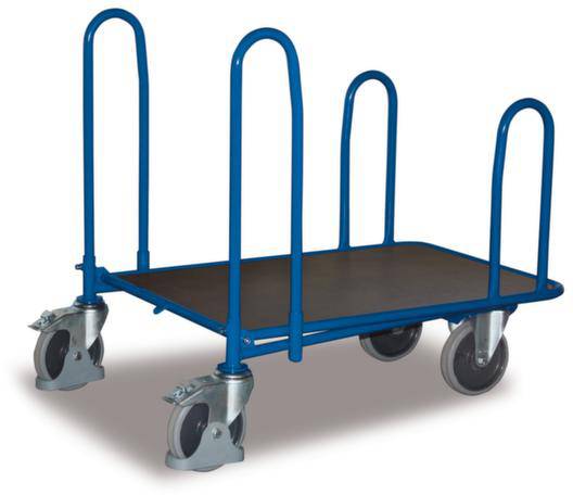 Ein blauer Transportrollwagen mit vier Rollen und seitlichen Griffen, geeignet zum Transport von großen und schweren Gegenständen.