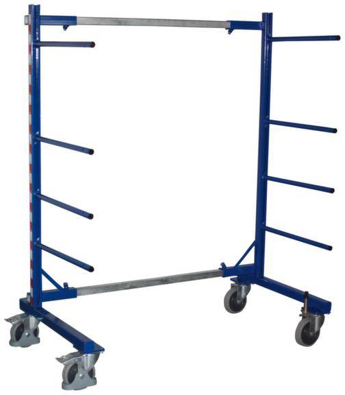 Blauer Metallwagen mit Rollen und seitlichen Stangen zum Transport von langen Materialien.