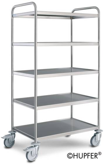 Metallischer Servierwagen mit fünf Regalböden und vier Rädern. Geeignet für Gastronomie oder Krankenhäuser zur Lagerung oder Transport.