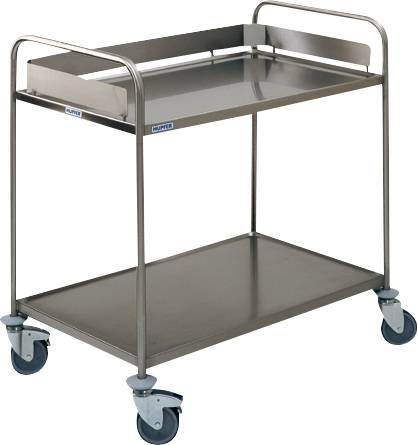 Metallischer Servierwagen mit zwei Ebenen und vier Rollen, geeignet für den Transport von Gegenständen in einem gastronomischen Umfeld.