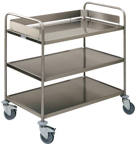 Ein Edelstahl-Servierwagen mit drei Regalen und vier Rollen, geeignet für den Transport von Gegenständen in Restaurants oder Küchen.