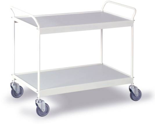 Ein einfacher, zweistufiger Servierwagen aus Metall mit Griffen und vier Rollen. Geeignet für den Transport von Gegenständen.